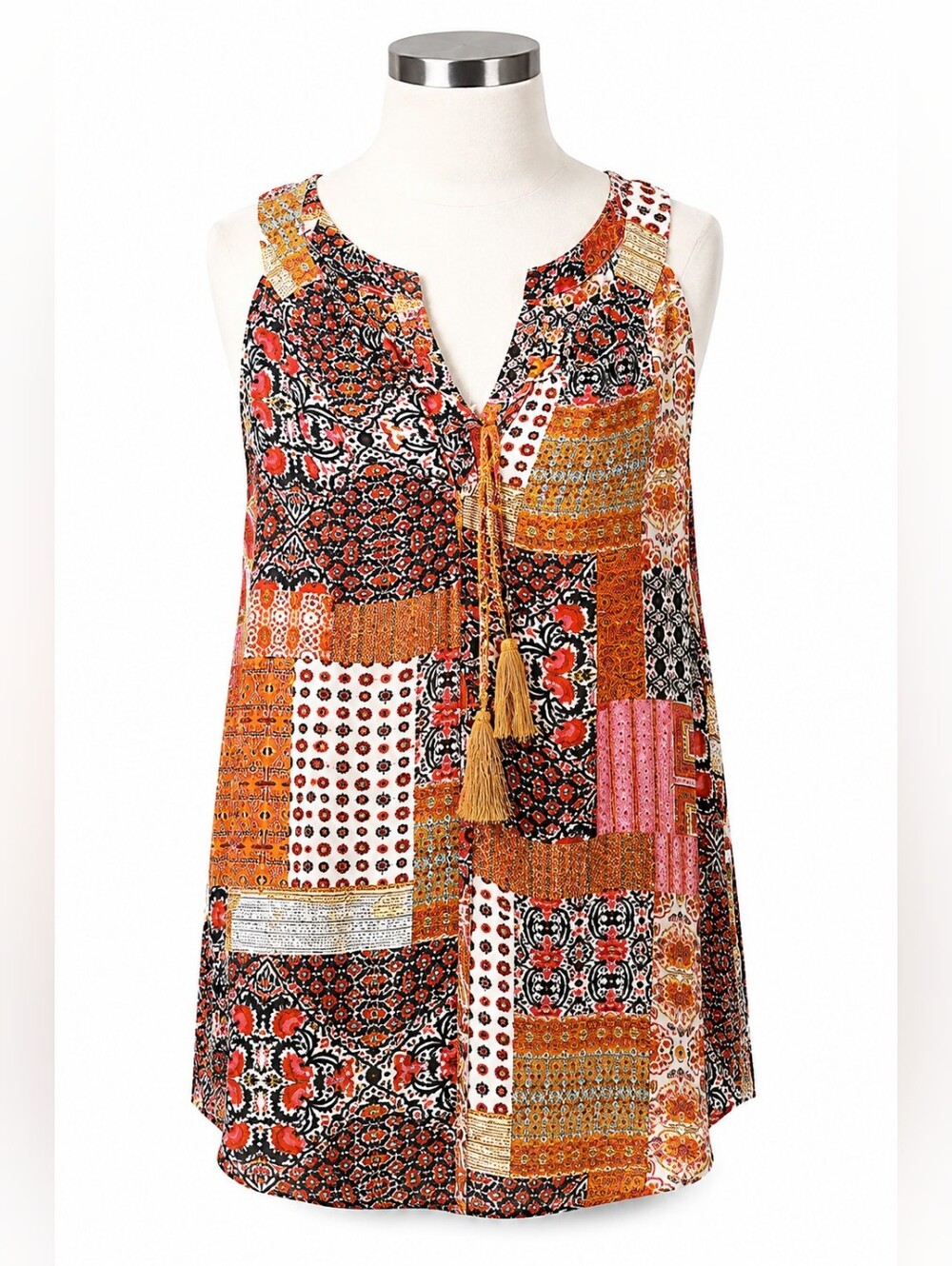 Rose & Olive Women's Colorful Patchwork Print Tie Neck Tank Top Sz L Casual